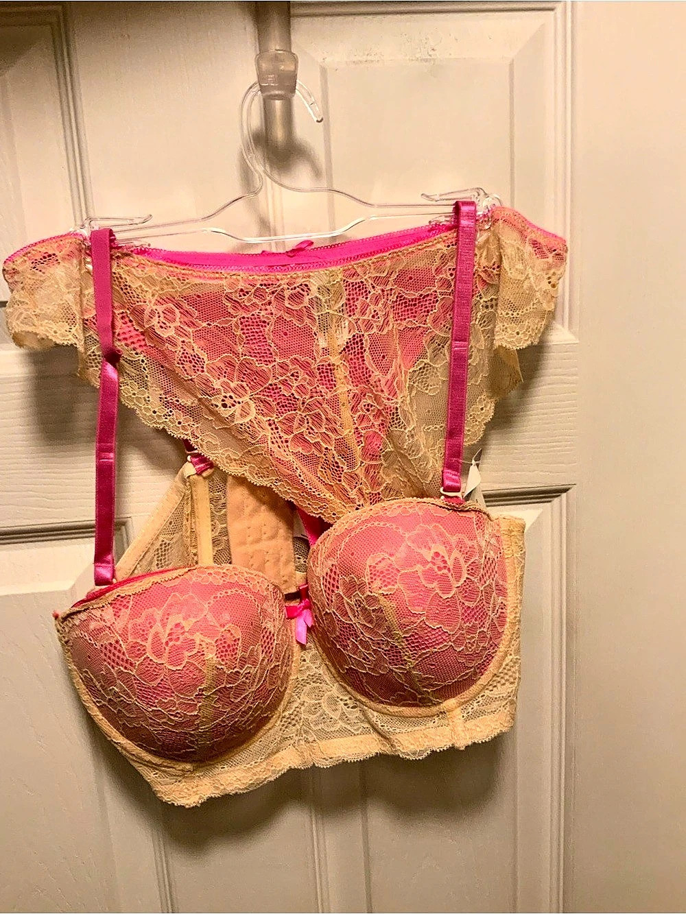 Hers by Felina B3153-2 Lace Bra and Panty Set in Pink & Cream 36C NWT